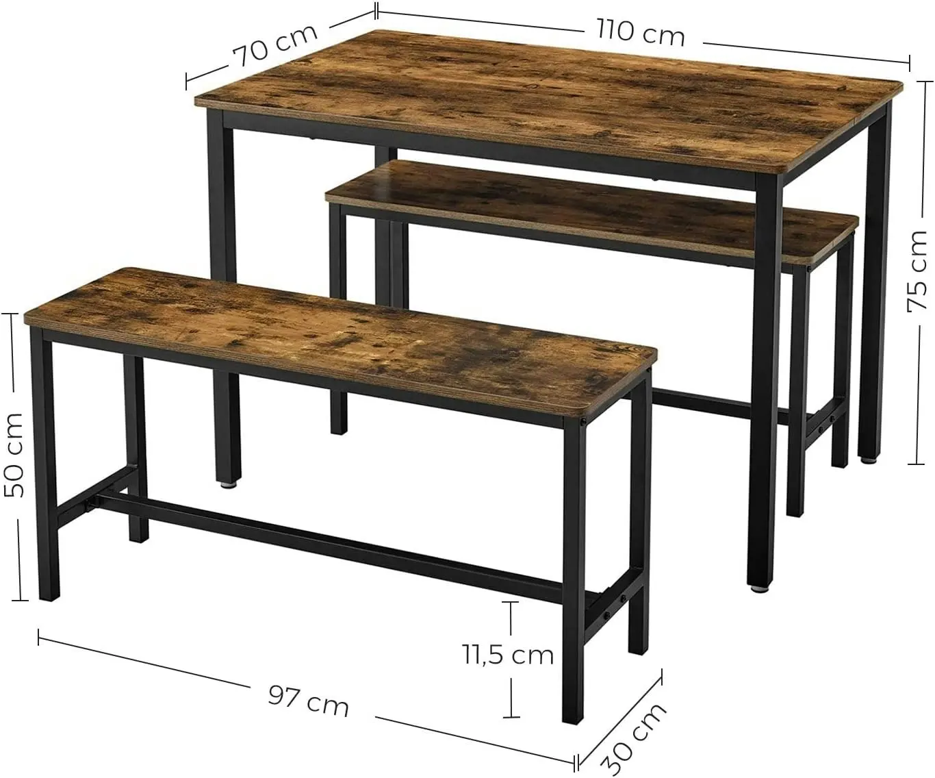 Rustic Brown and Black Industrial Style 3-Piece Dining Table Set with 2 Benches - 110 x 70 x 75 cm Table, 2 x 97 x 30 x 50 cm Benches