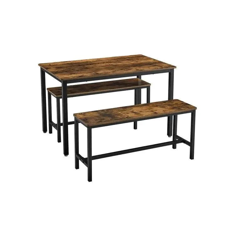 Rustic Brown and Black Industrial Style 3-Piece Dining Table Set with 2 Benches - 110 x 70 x 75 cm Table, 2 x 97 x 30 x 50 cm Benches