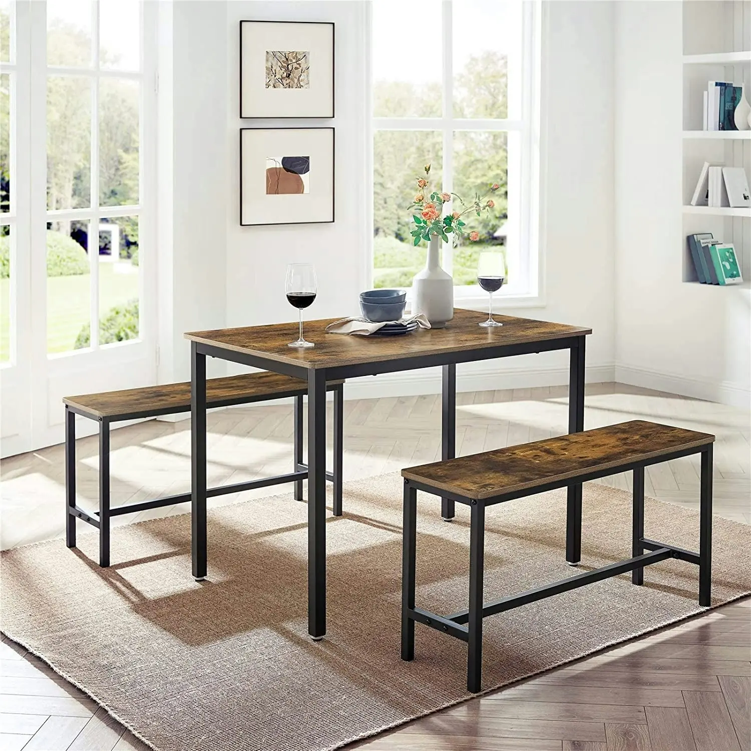 Rustic Brown and Black Industrial Style 3-Piece Dining Table Set with 2 Benches - 110 x 70 x 75 cm Table, 2 x 97 x 30 x 50 cm Benches