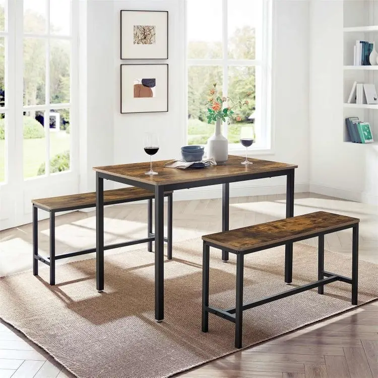 Rustic Brown and Black Industrial Style 3-Piece Dining Table Set with 2 Benches - 110 x 70 x 75 cm Table, 2 x 97 x 30 x 50 cm Benches