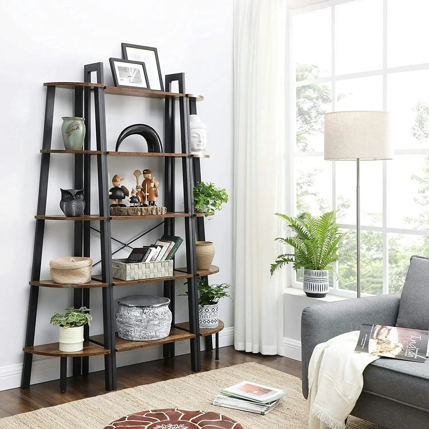 Rustic Brown Metal Frame 5 Tier Corner Shelf