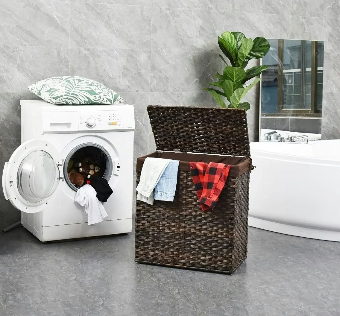 110L Waterproof Synthetic Rattan Foldable Divided Laundry Hamper (Brown)