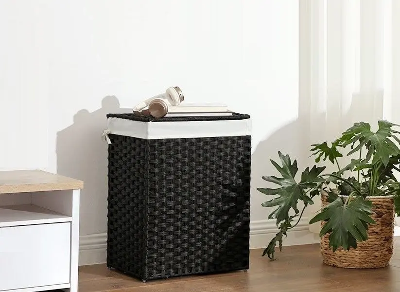 110L Waterproof Synthetic Rattan Foldable Divided Laundry Hamper (Brown)