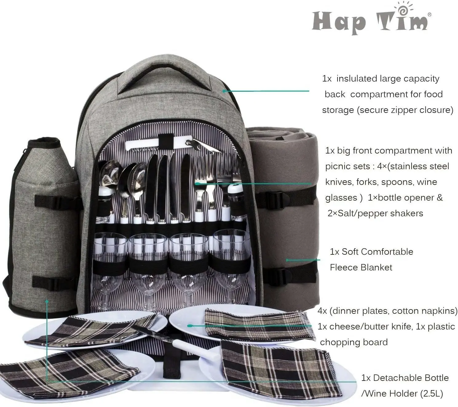 Picnic Backpack for 4 Person Waterproof Cooler Compartment Cutlery Set Detachable Bottle Holder Fleece Blanket Plates