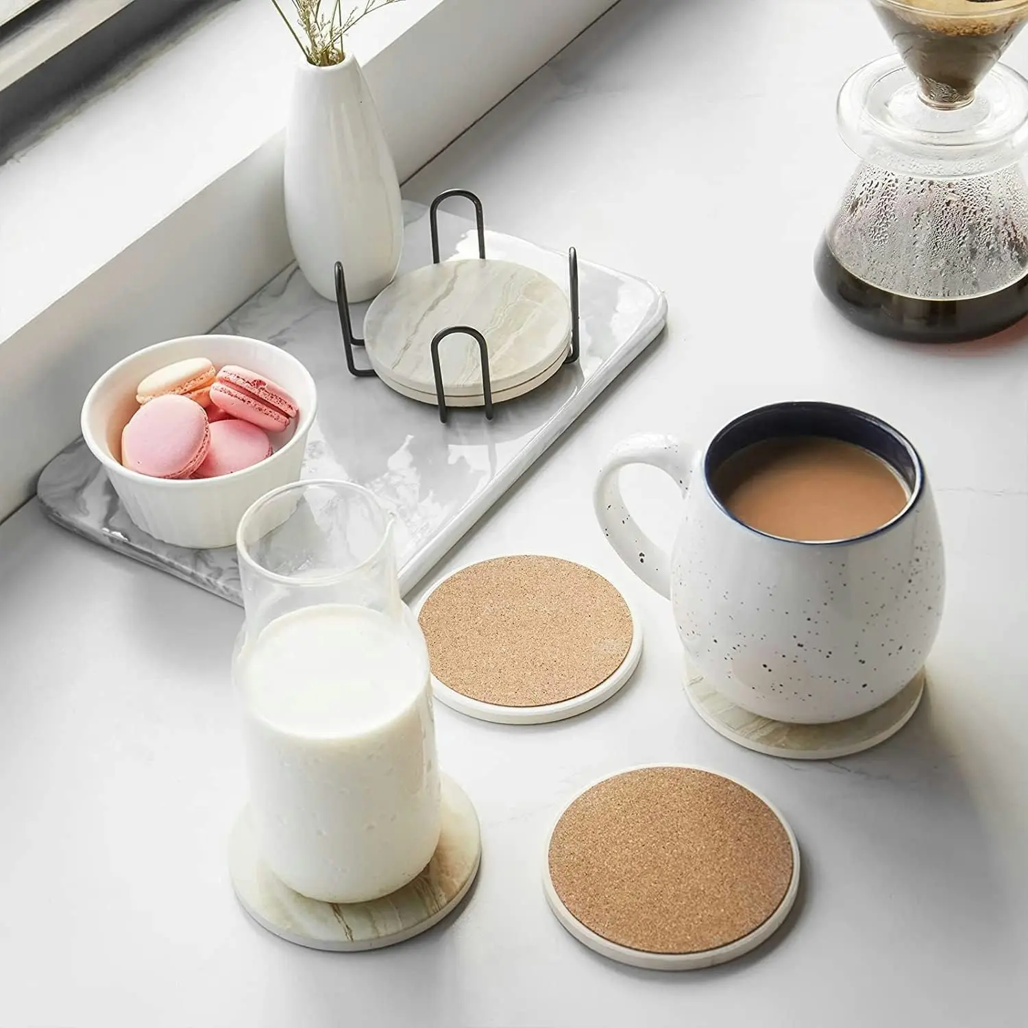 Absorbent Coaster Sets of 6, Marble Style Ceramic Drink Coaster for Tabletop Protection, Suitable for Kinds of Cups, Wooden Table