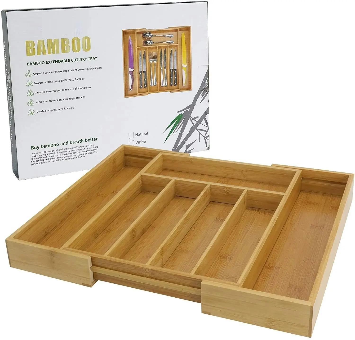 Bamboo Expandable Cutlery Organizer Tray (Natural)