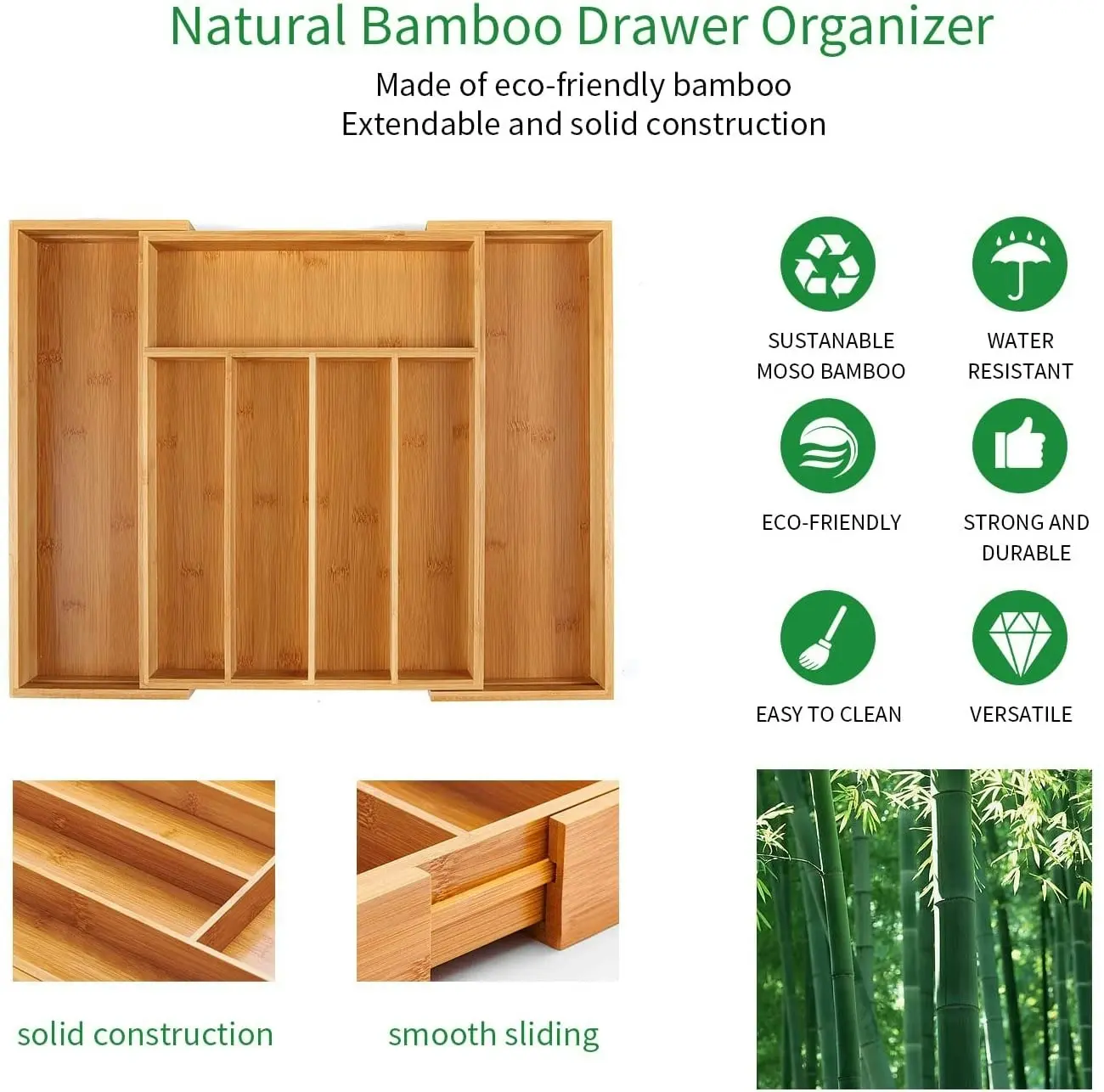 Bamboo Expandable Cutlery Organizer Tray (Natural)