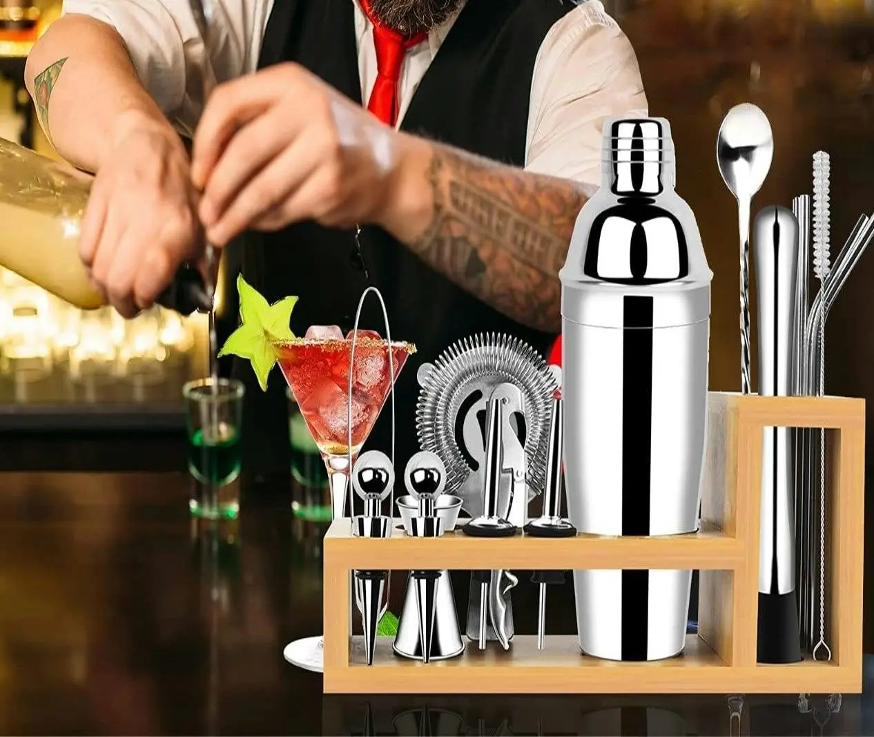 17 Pieces Stainless Steel Cocktail Shaker Kit with Bamboo Stand  (Includes Recipe Book)