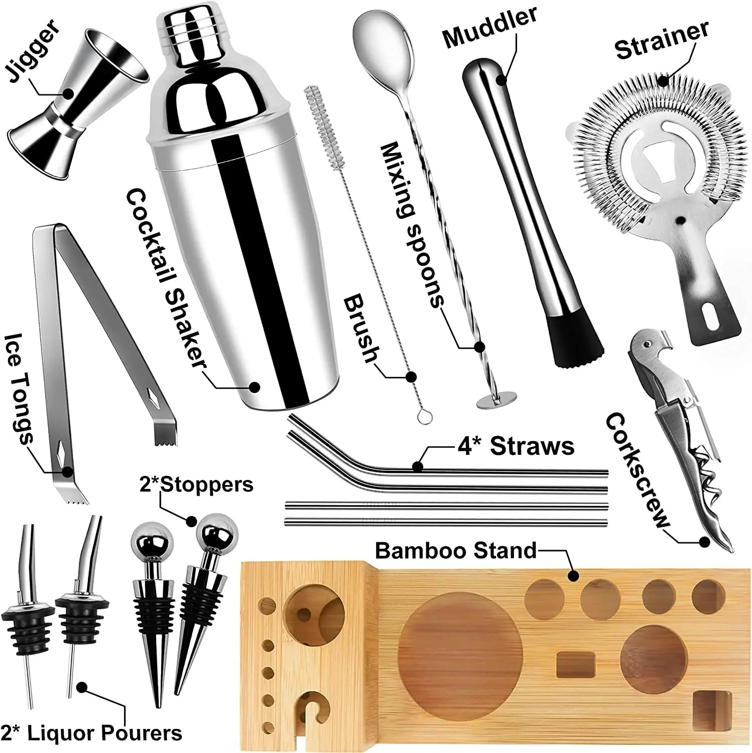 17 Pieces Stainless Steel Cocktail Shaker Kit with Bamboo Stand  (Includes Recipe Book)