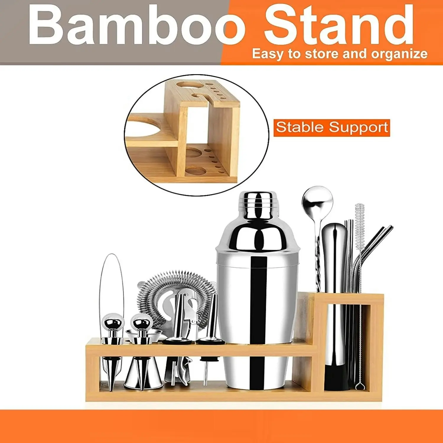 17 Pieces Stainless Steel Cocktail Shaker Kit with Bamboo Stand  (Includes Recipe Book)