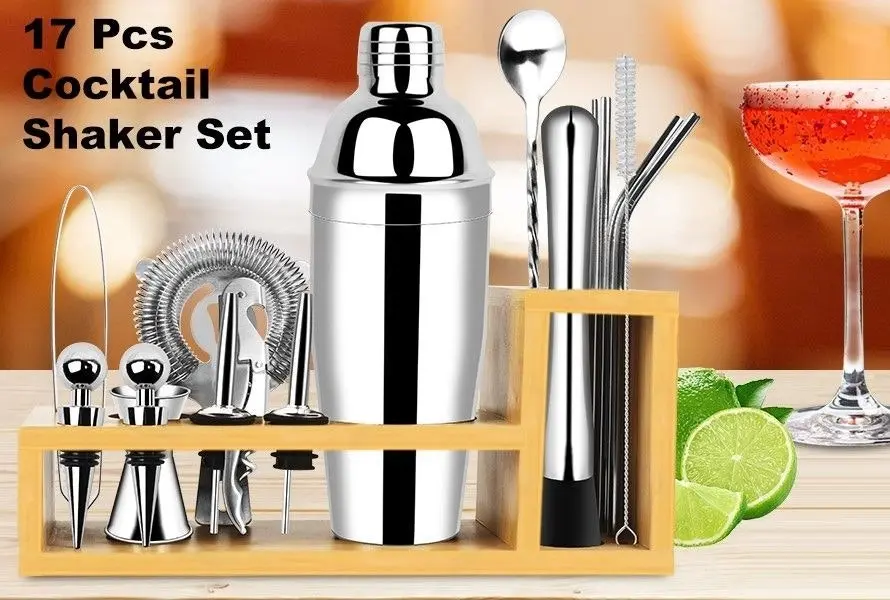 17 Pieces Stainless Steel Cocktail Shaker Kit with Bamboo Stand  (Includes Recipe Book)