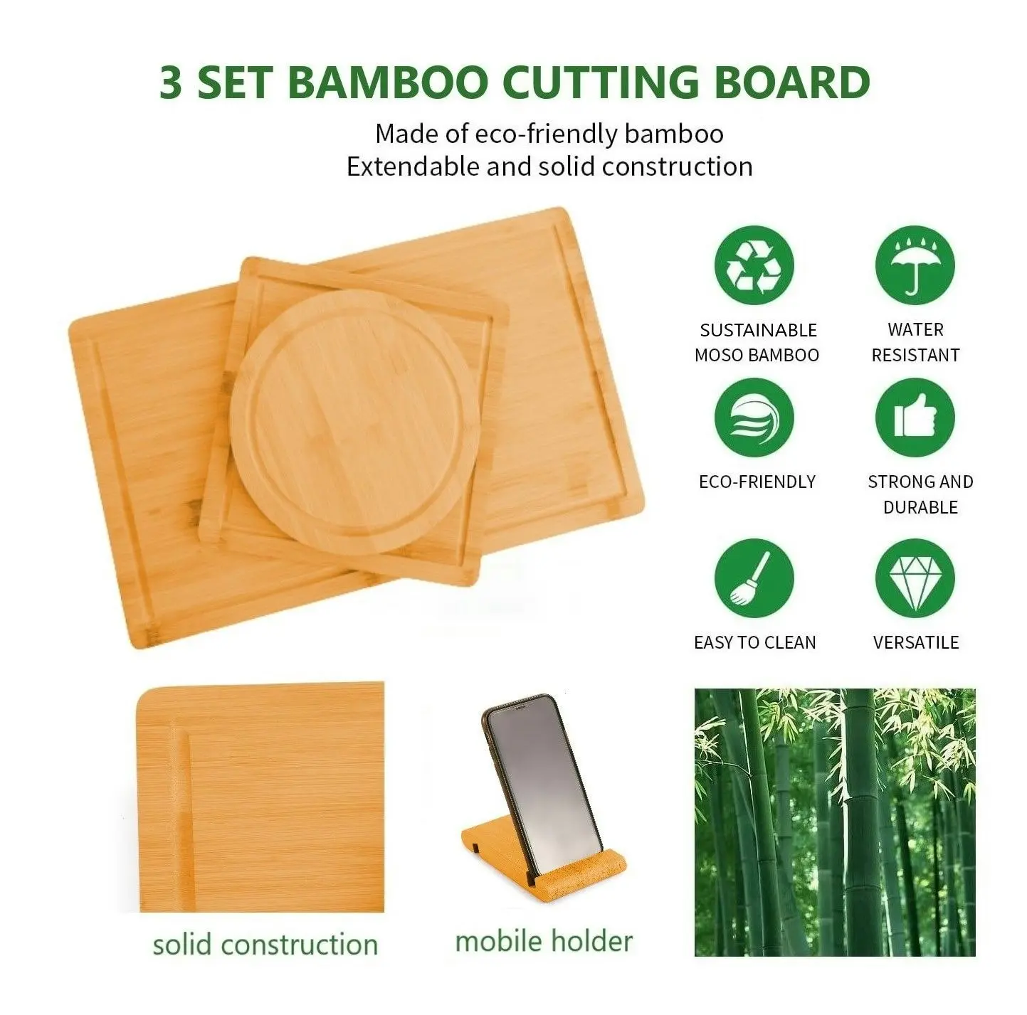 Carla Home 3 Pieces Bamboo Cutting Board with Juice Groove and Mobile Holder included for Home Kitchen