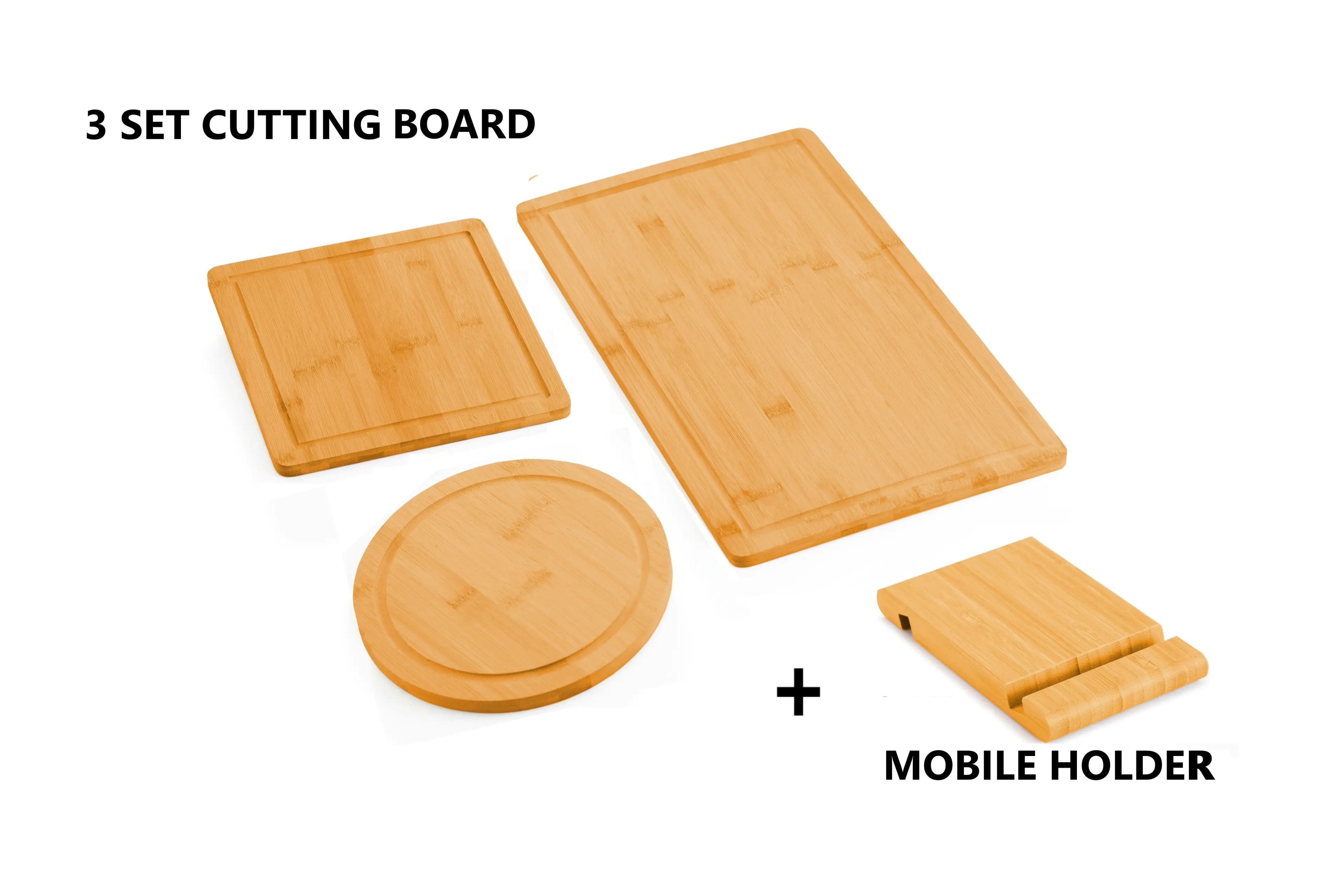 Carla Home 3 Pieces Bamboo Cutting Board with Juice Groove and Mobile Holder included for Home Kitchen