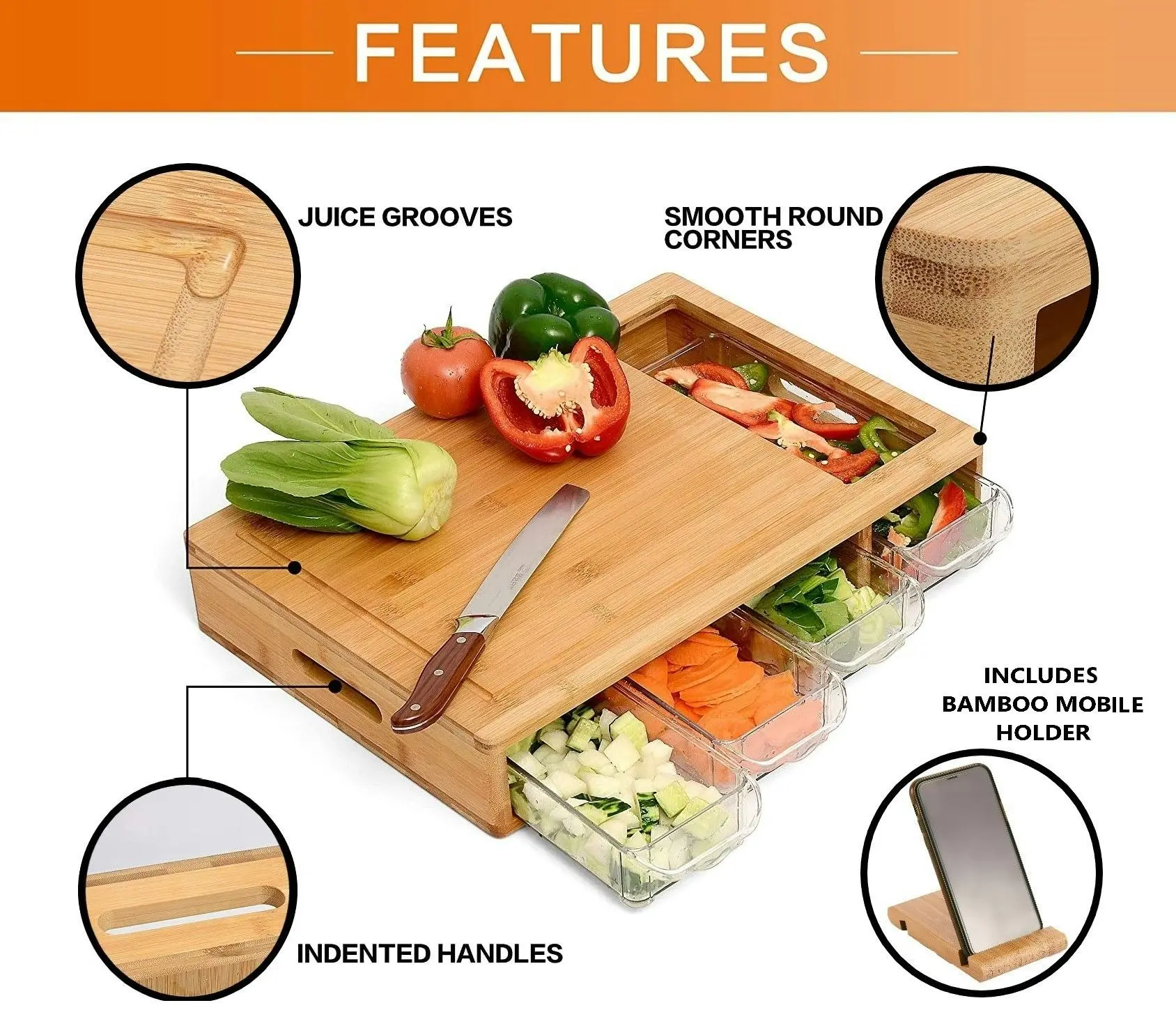 Carla Home Large Bamboo Cutting Board and 4 Containers with Mobile Holder gift included for Home Kitchen