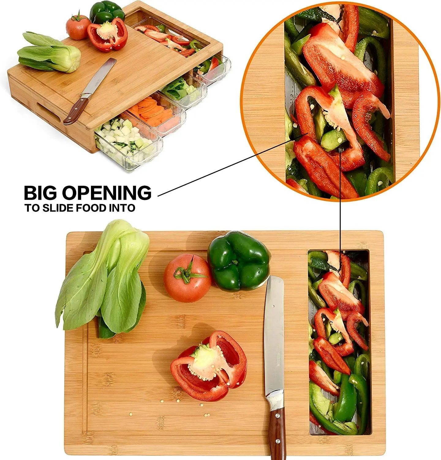 Carla Home Large Bamboo Cutting Board and 4 Containers with Mobile Holder gift included for Home Kitchen