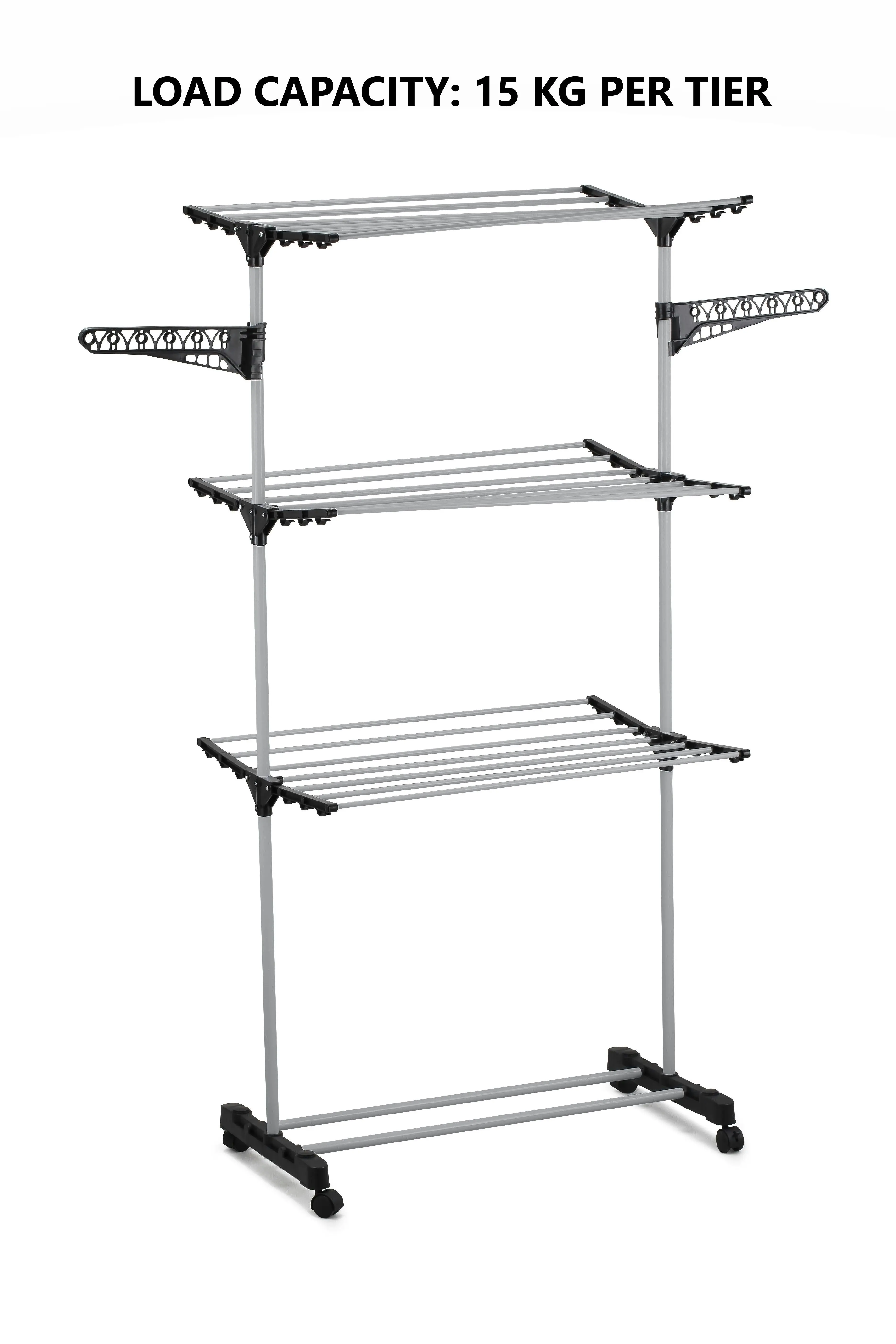 Carla Home Folding 3 Tier Clothes Laundry Drying Rack with Stainless Steel Tubes for Indoor & Outdoor Home