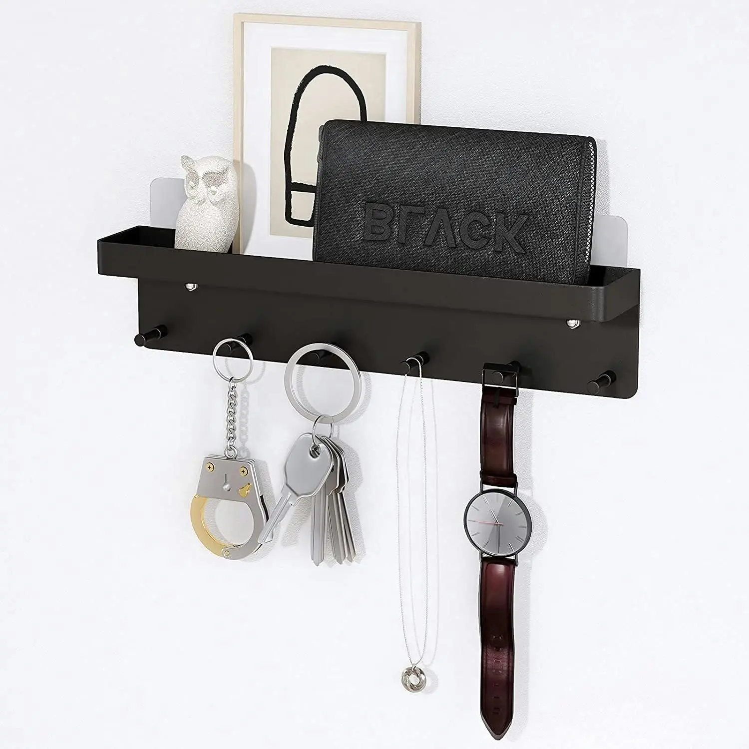 Wall Mounted Mail and Key Holder for Wall Decorative with 6 Key Hooks,Stainless Steel for Kitchen, Office and Bathroom (Black)