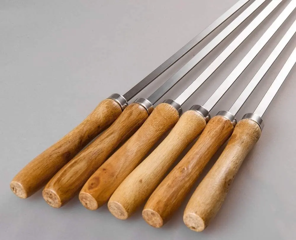 6 Pack Flat Blade Barbecue Shish Kebab Skewers of Stainless Steel with Wooden Handle