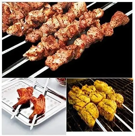 6 Pack Flat Blade Barbecue Shish Kebab Skewers of Stainless Steel with Wooden Handle