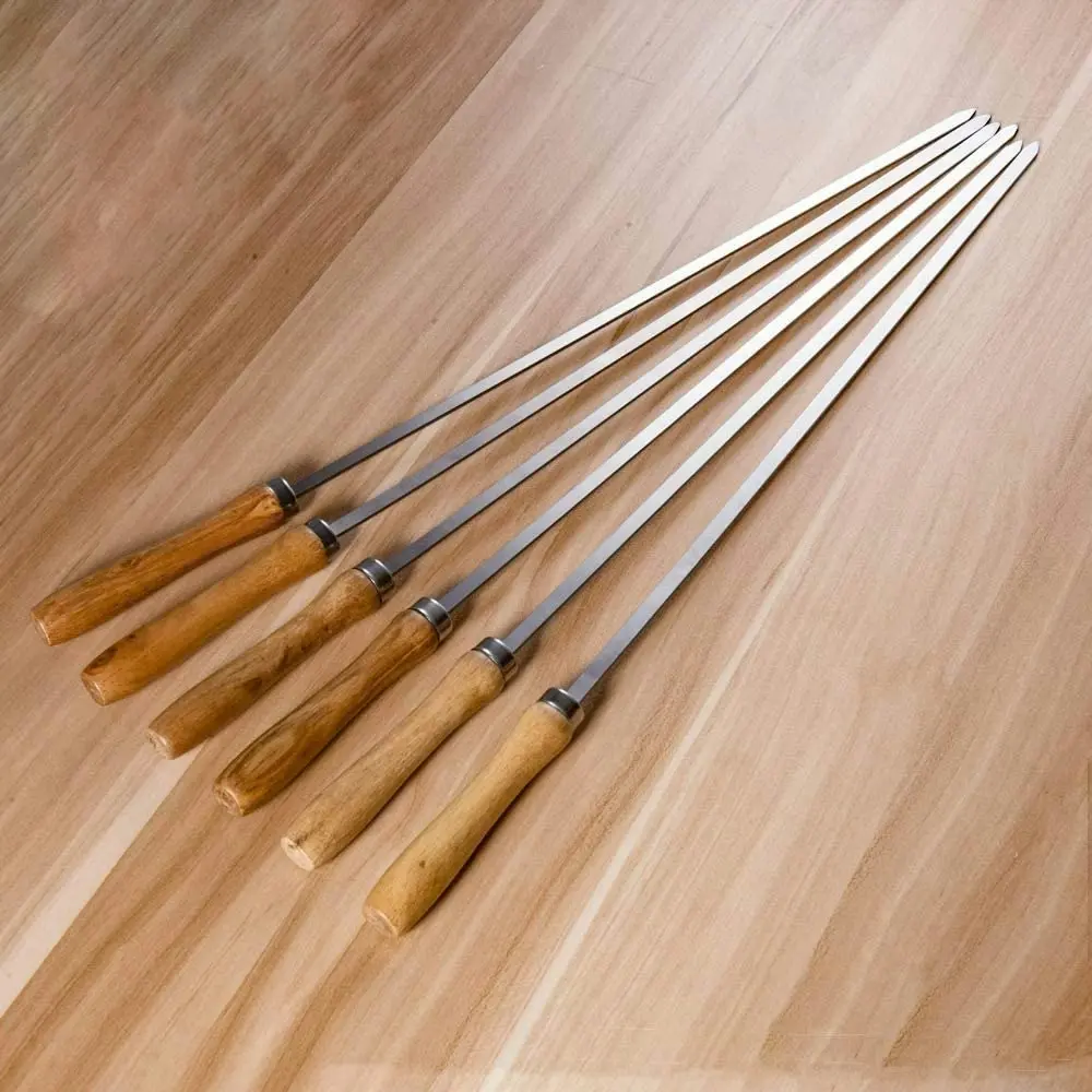 6 Pack Flat Blade Barbecue Shish Kebab Skewers of Stainless Steel with Wooden Handle