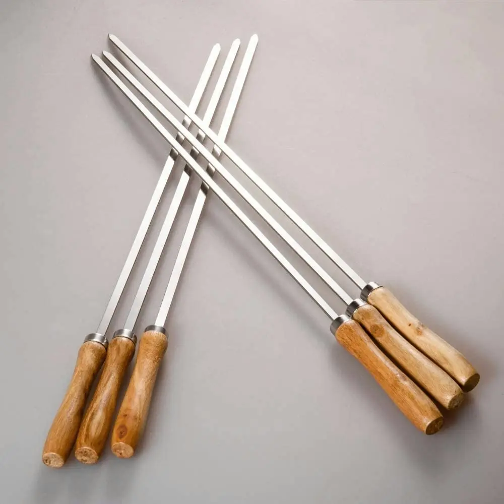 6 Pack Flat Blade Barbecue Shish Kebab Skewers of Stainless Steel with Wooden Handle