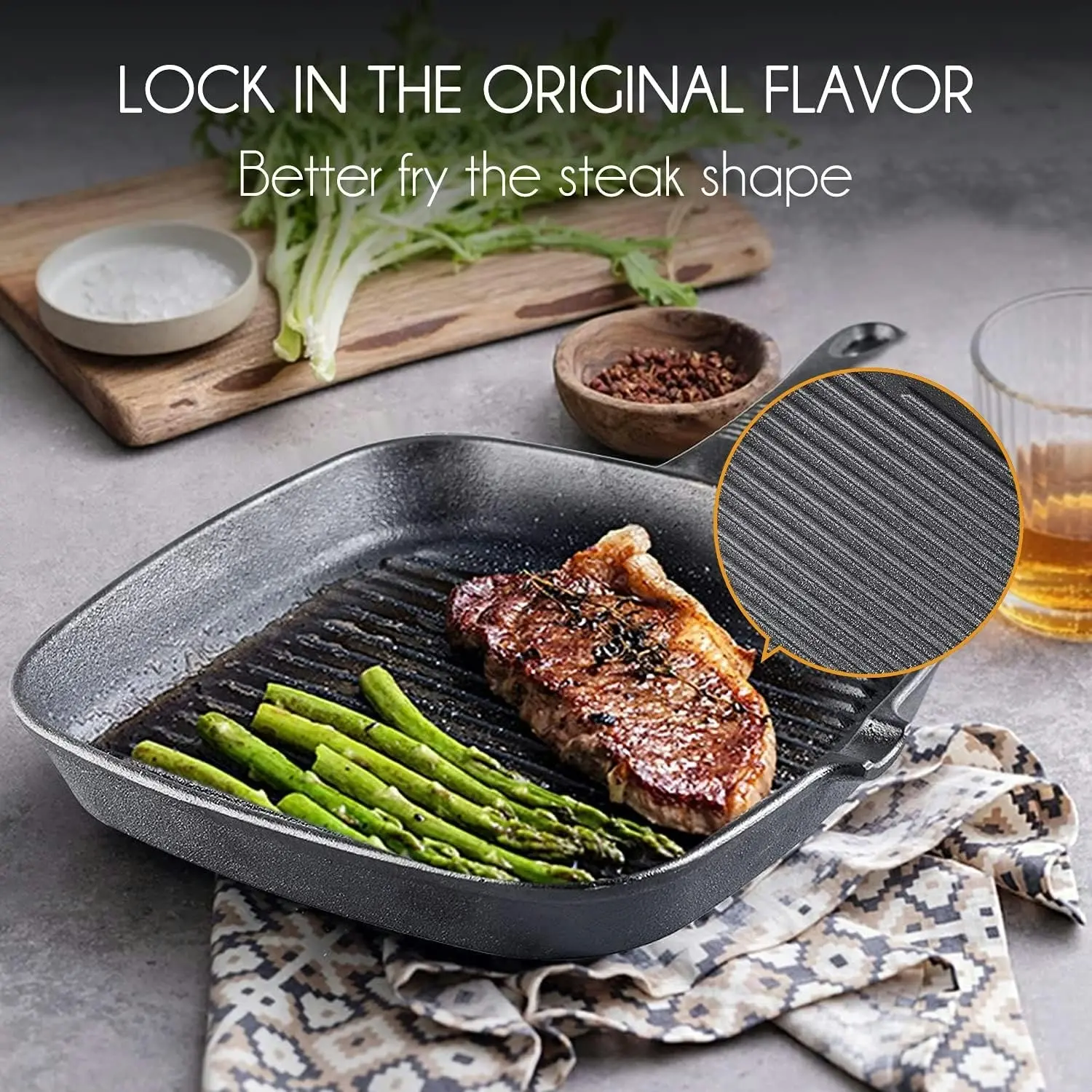 Cast Iron Grill Pan Steak Frying Skillet