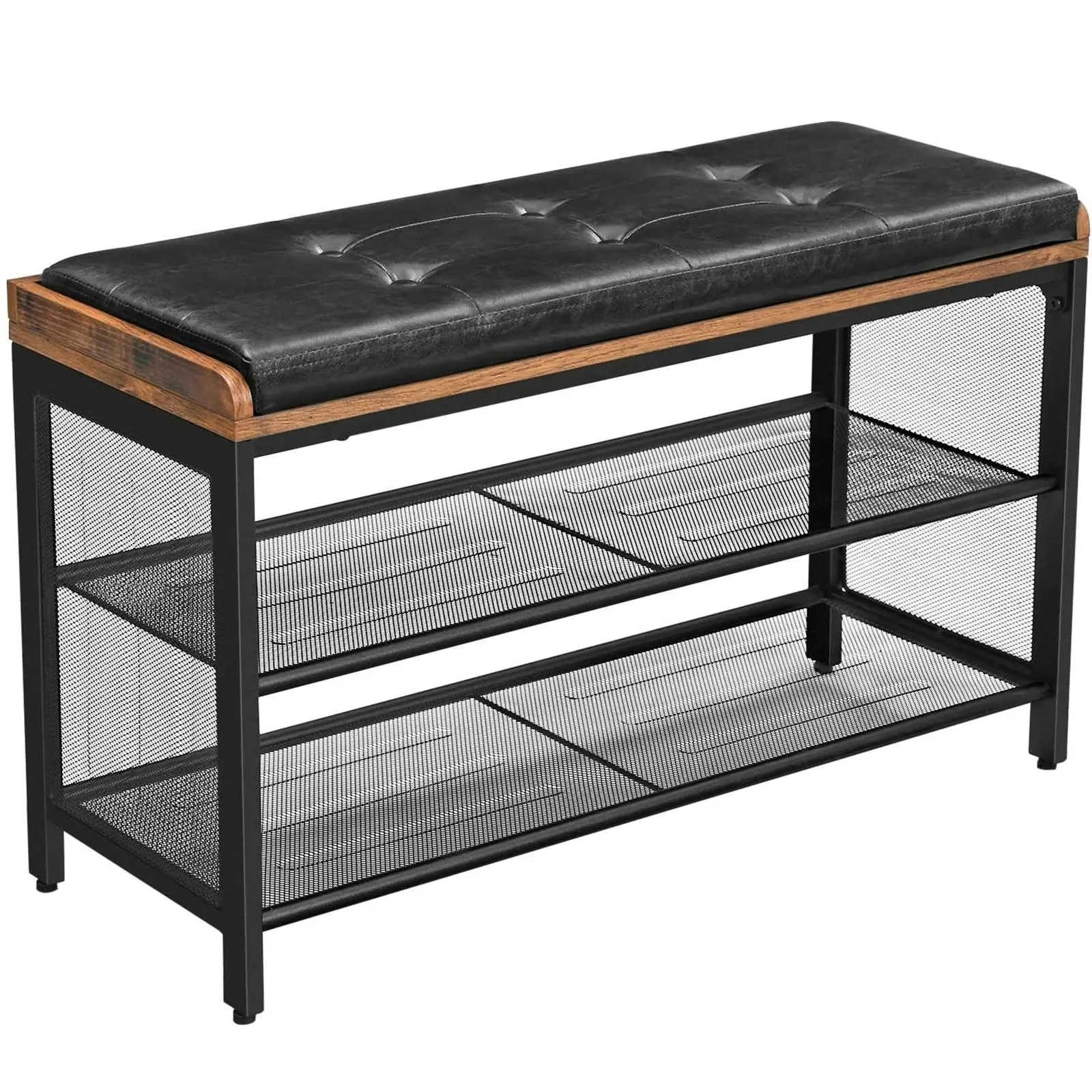 Shoe Bench with Mesh Shelf and Faux Leather Vintage Brown Black 80 x 30 x 48 cm