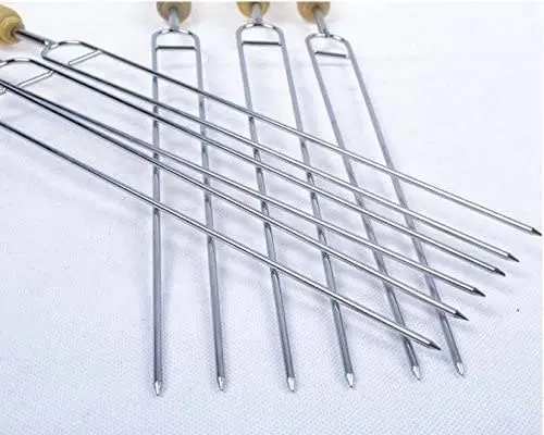 6 Pack Double Prongs BBQ Skewers Barbecue Shish Kebab Skewers of Stainless Steel with Wooden Handle