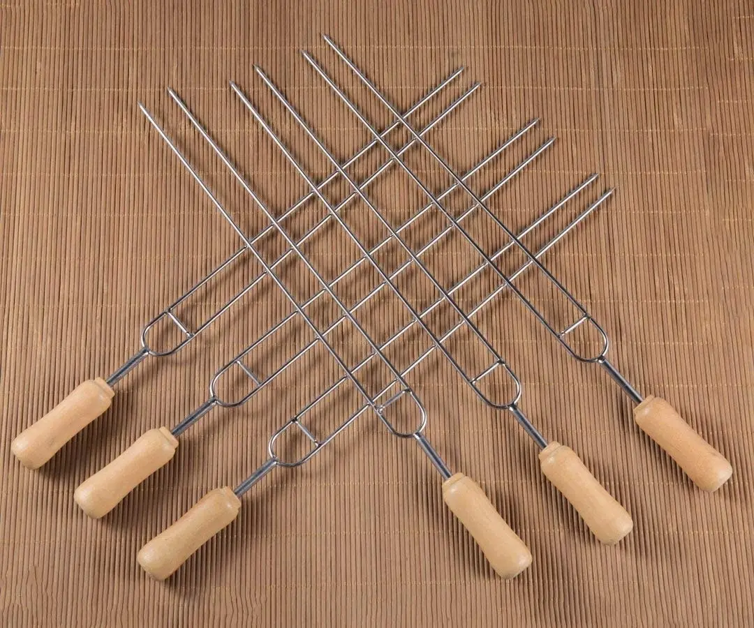 6 Pack Double Prongs BBQ Skewers Barbecue Shish Kebab Skewers of Stainless Steel with Wooden Handle