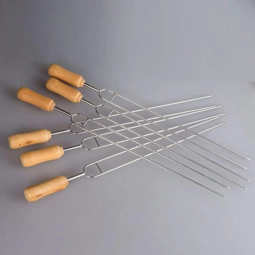 6 Pack Double Prongs BBQ Skewers Barbecue Shish Kebab Skewers of Stainless Steel with Wooden Handle