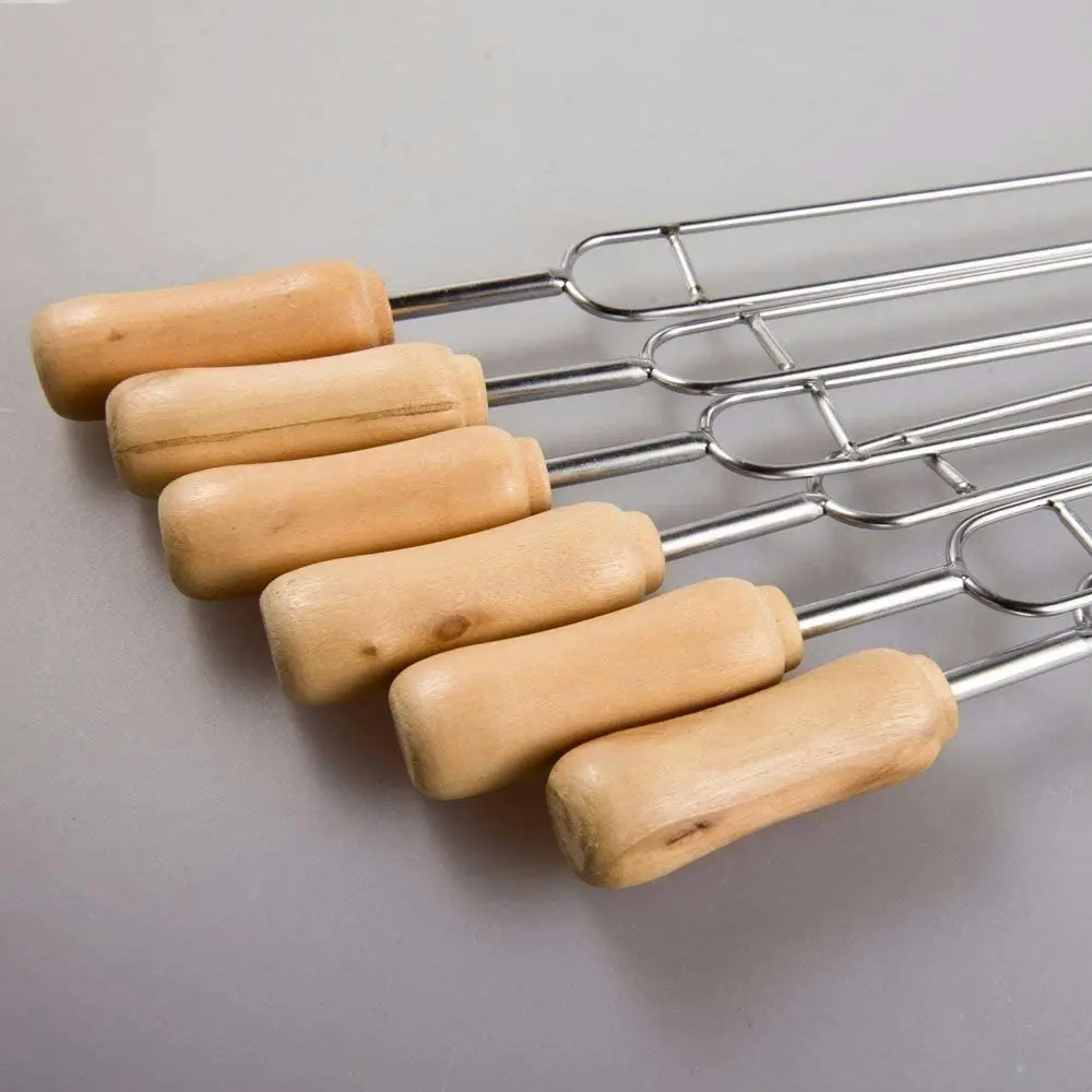 6 Pack Double Prongs BBQ Skewers Barbecue Shish Kebab Skewers of Stainless Steel with Wooden Handle