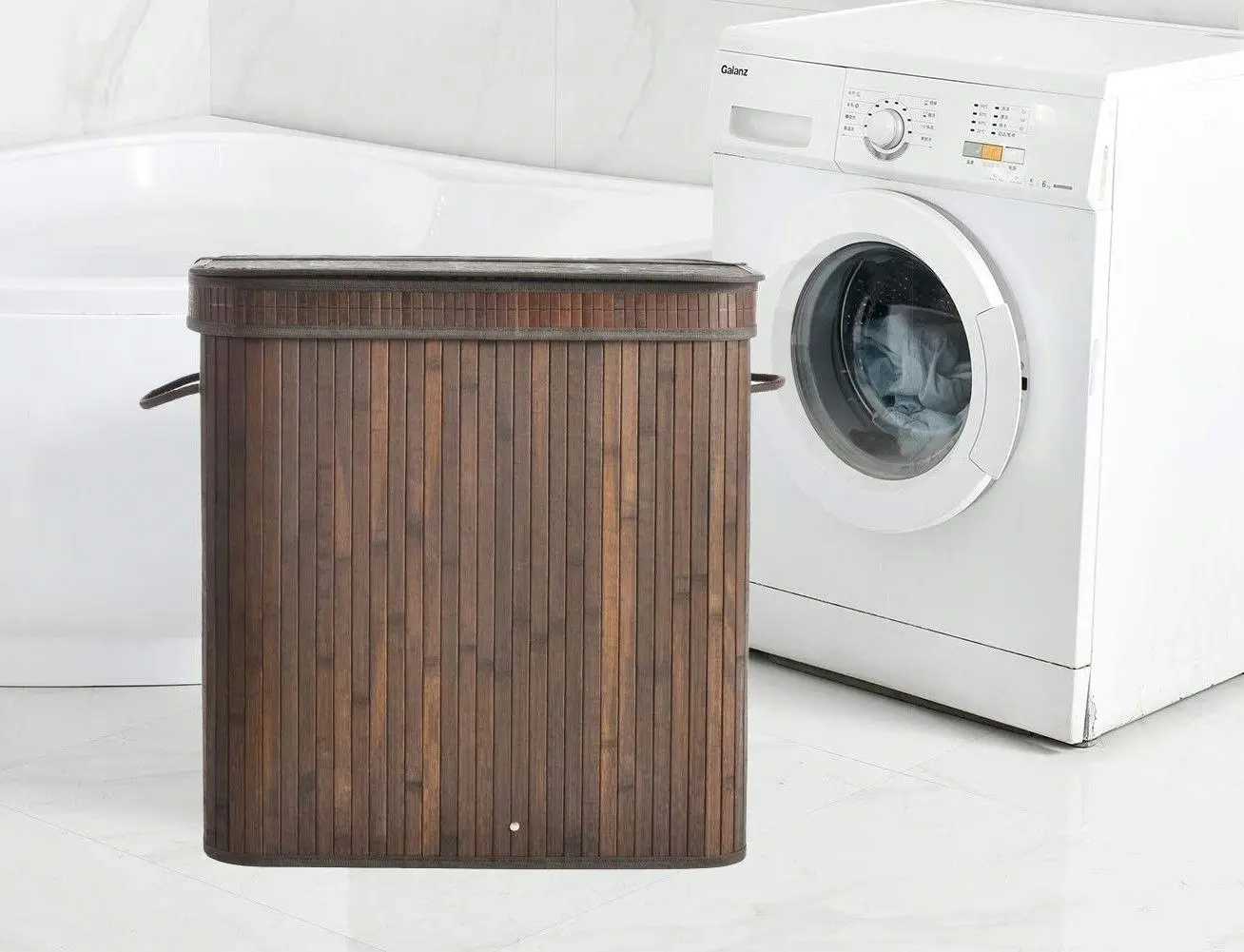 Rectangular Bamboo Laundry Basket with Lid Handles (Dark brown)