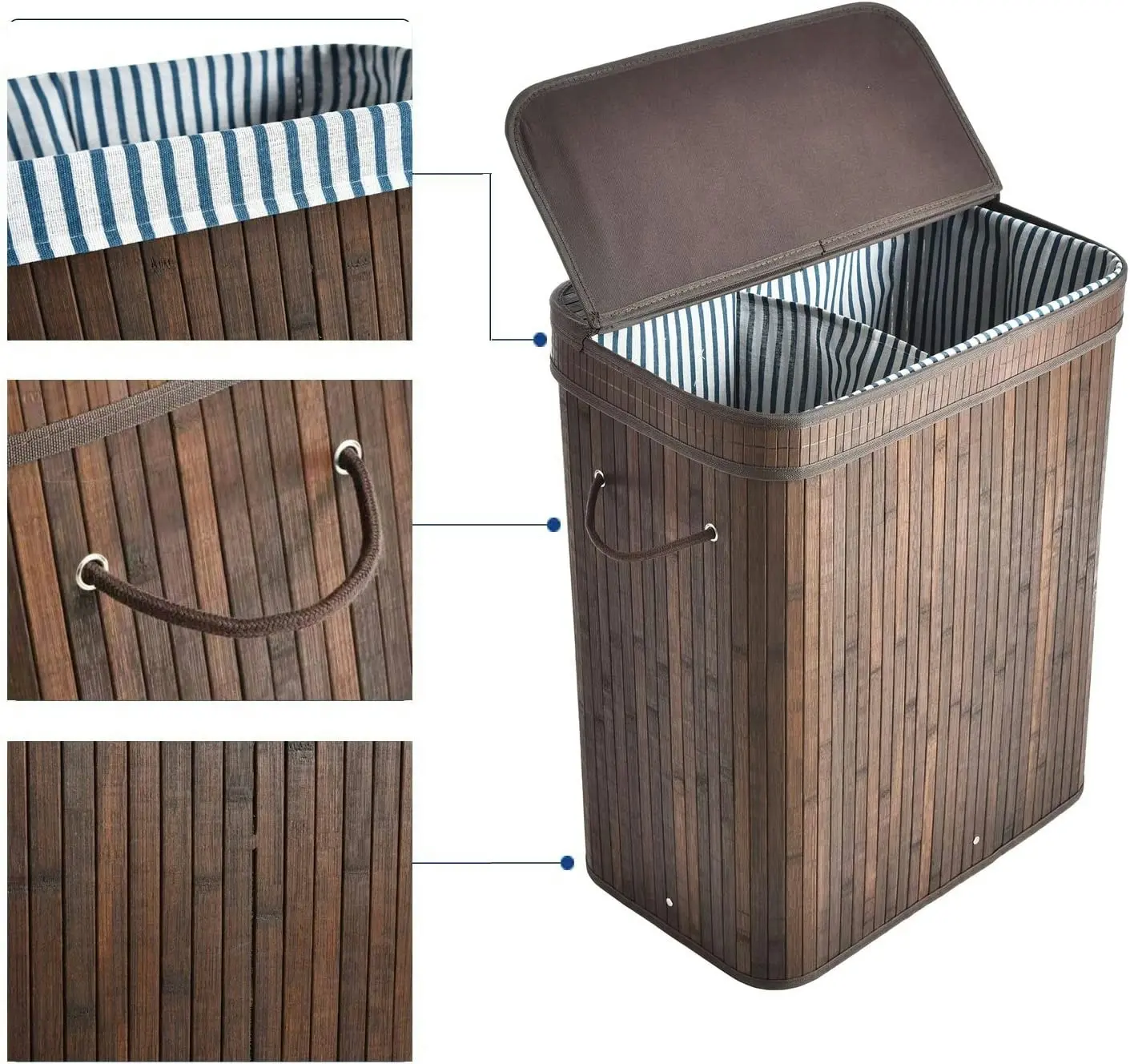 Rectangular Bamboo Laundry Basket with Lid Handles (Dark brown)