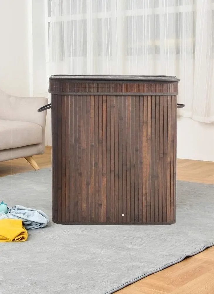 Rectangular Bamboo Laundry Basket with Lid Handles (Dark brown)