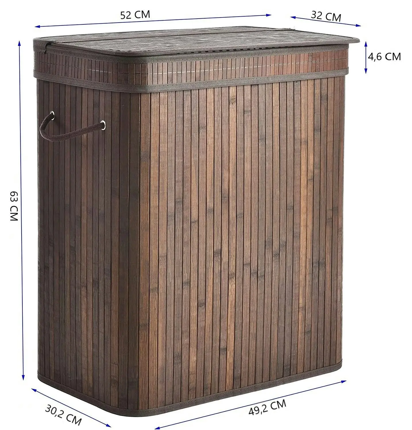 Rectangular Bamboo Laundry Basket with Lid Handles (Dark brown)