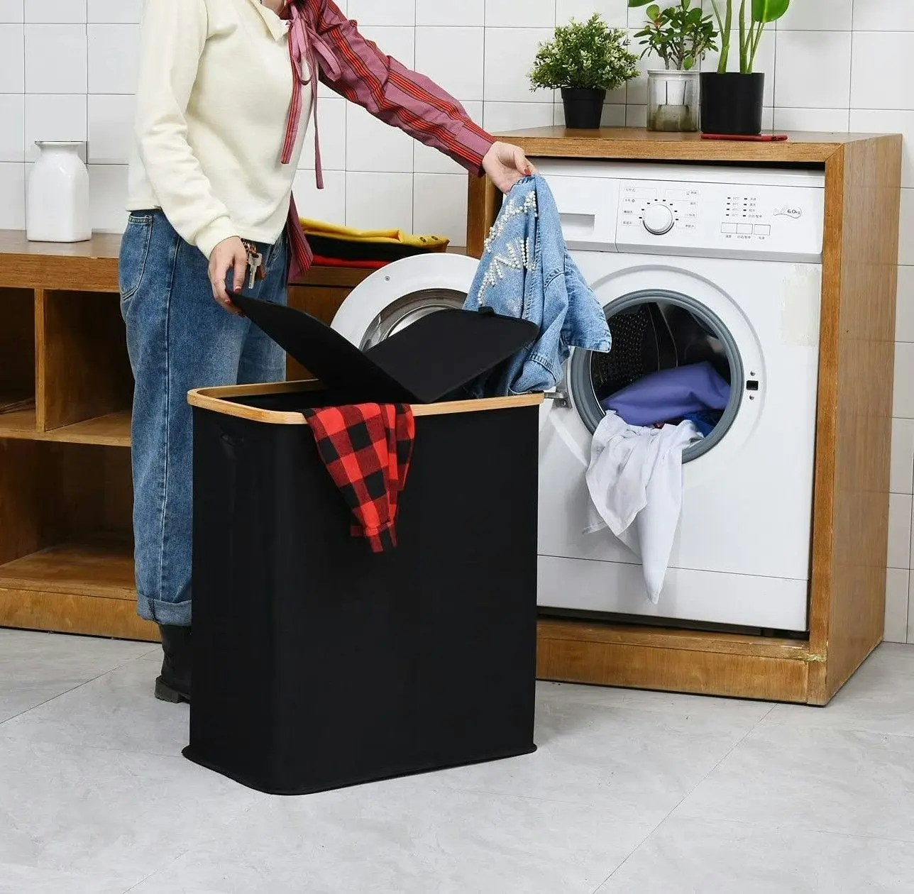 Double Large Laundry Basket with Lid (Black)