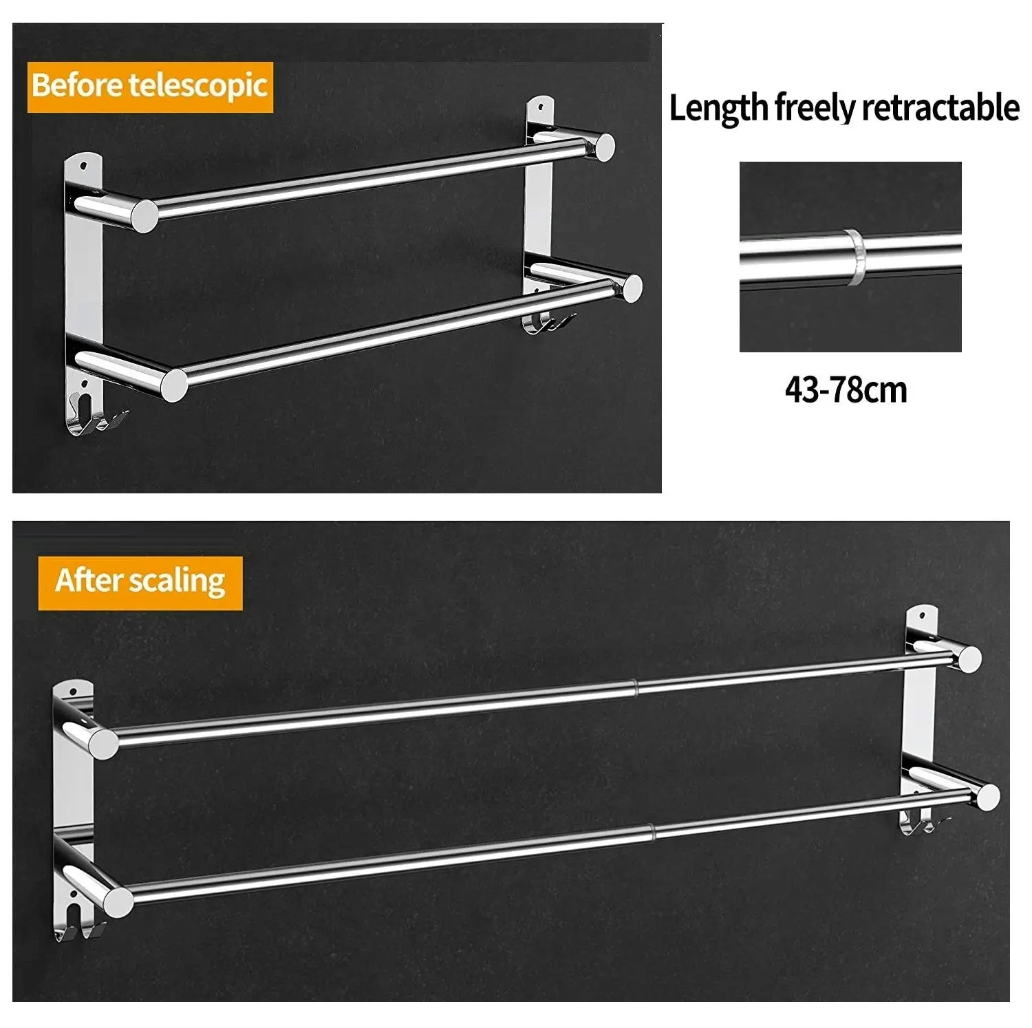 Stretchable 45-75 cm Towel Bar for Bathroom and Kitchen (Two Bars)