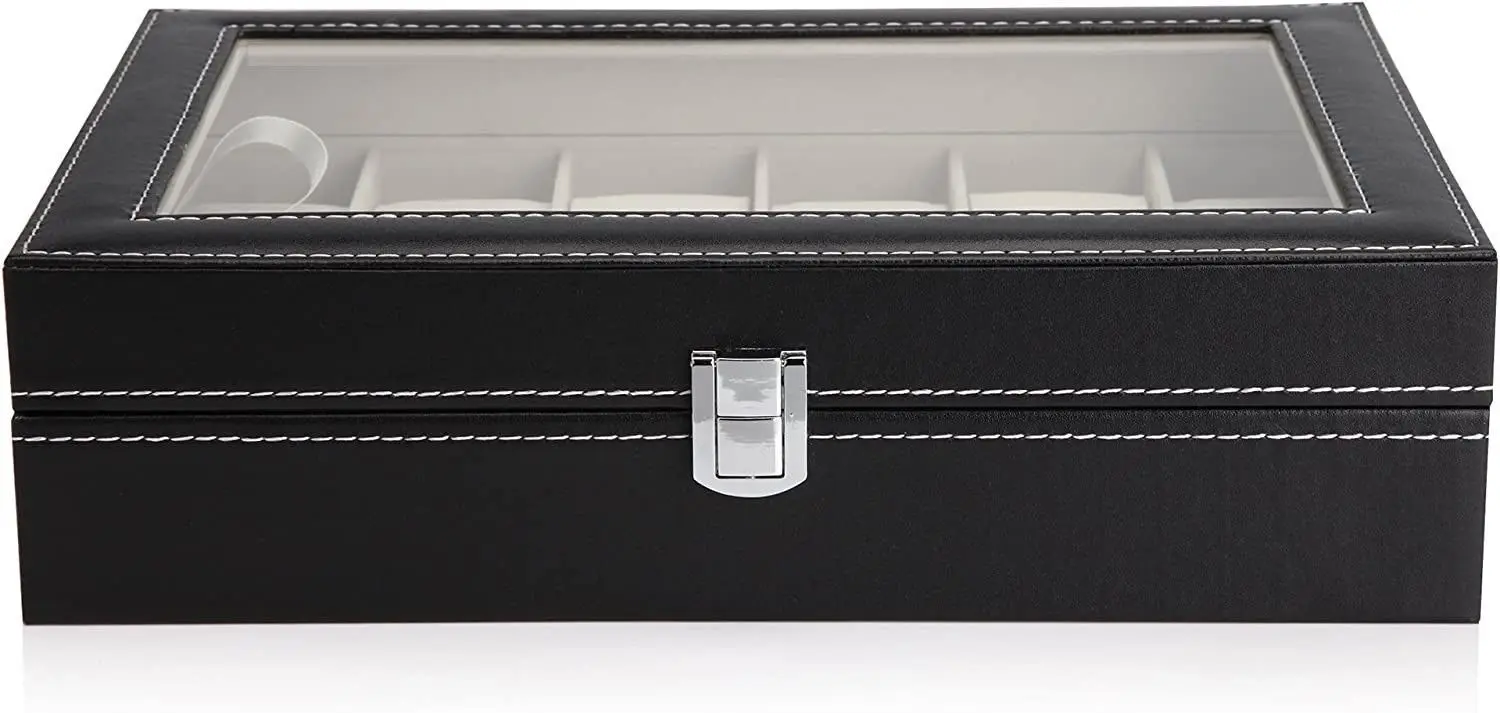 Black PU Leather Watch Organizer Display Storage Box Cases for Men & Women (12 slots)