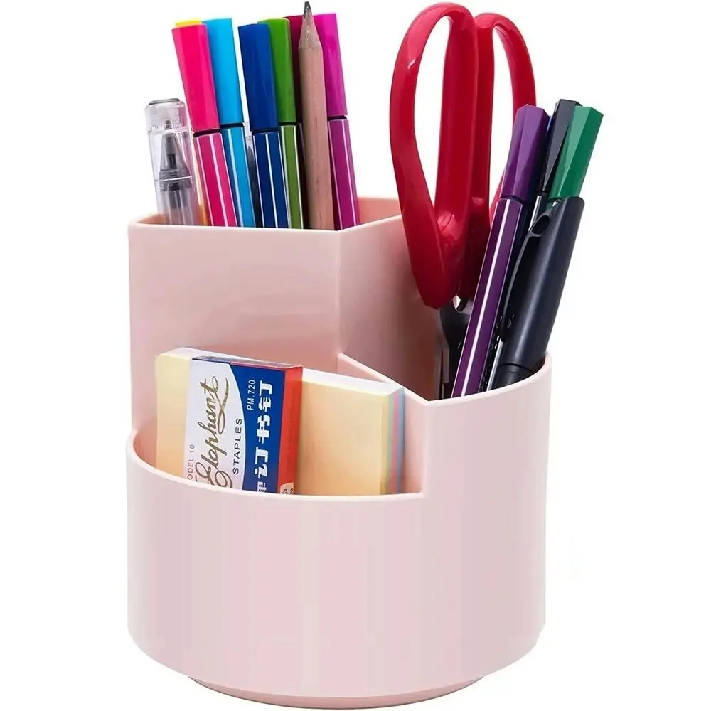 360 degree rotating multi-functional pen holder with 3 separate layer for office desk organiser (Pink)