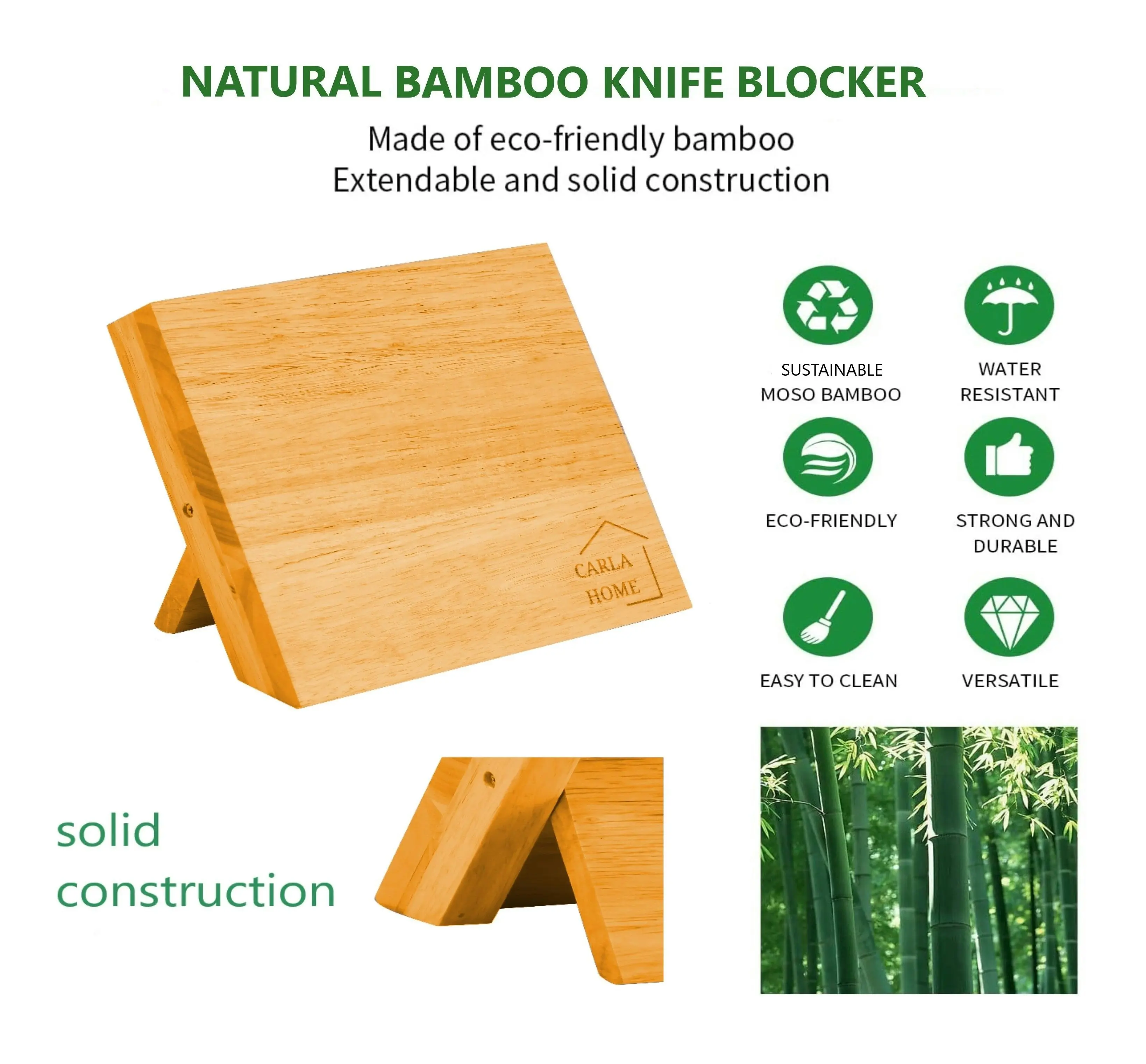 Carla Home Natural Bamboo Magnetic Knife Block Holder with Strong Magnets for Home Kitchen Storage & Organisation