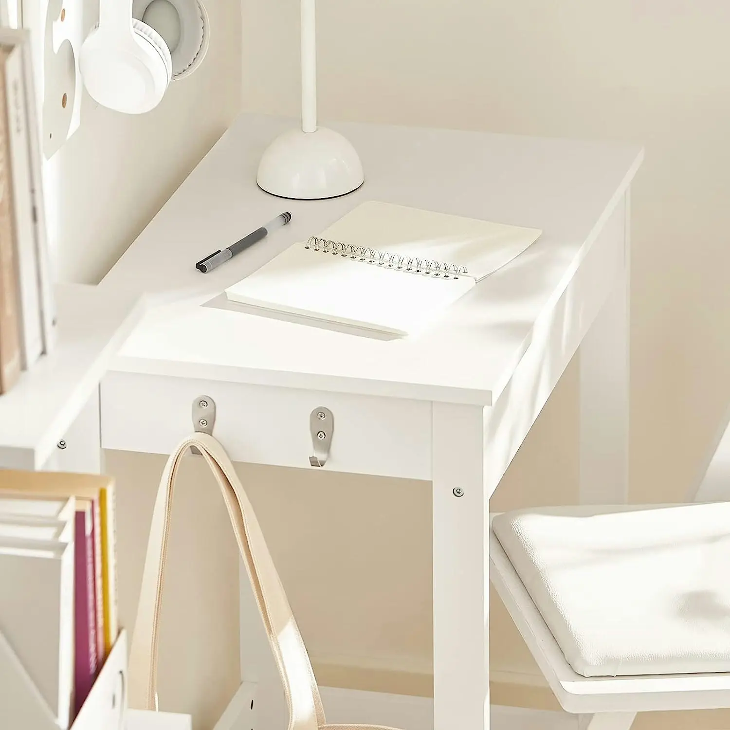 Small White Desk with Drawer Hooks