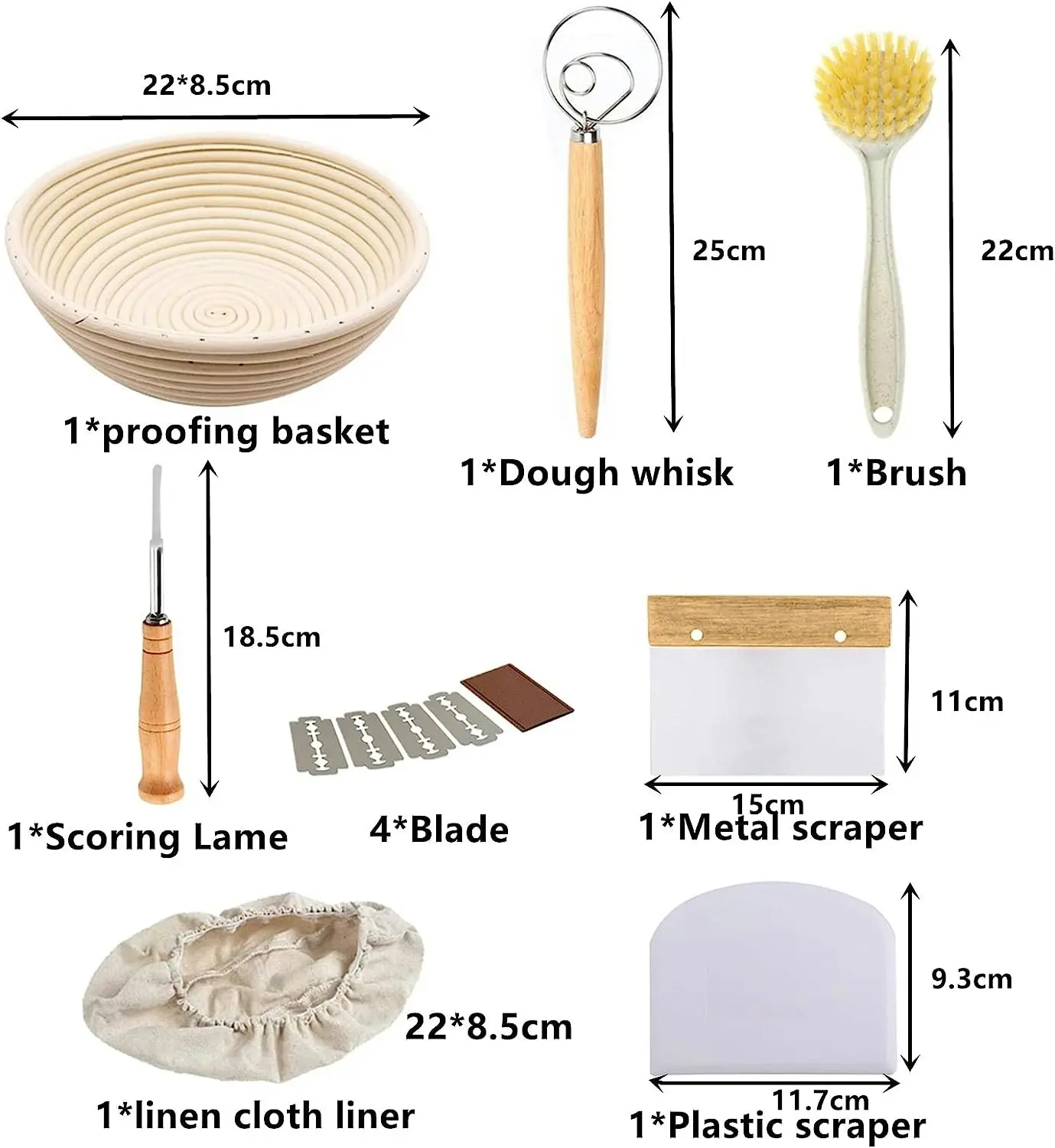 Bread Proofing Basket Kit: Basket, Lame, Scraper, Liner, Whisk, Bag, 23 cm