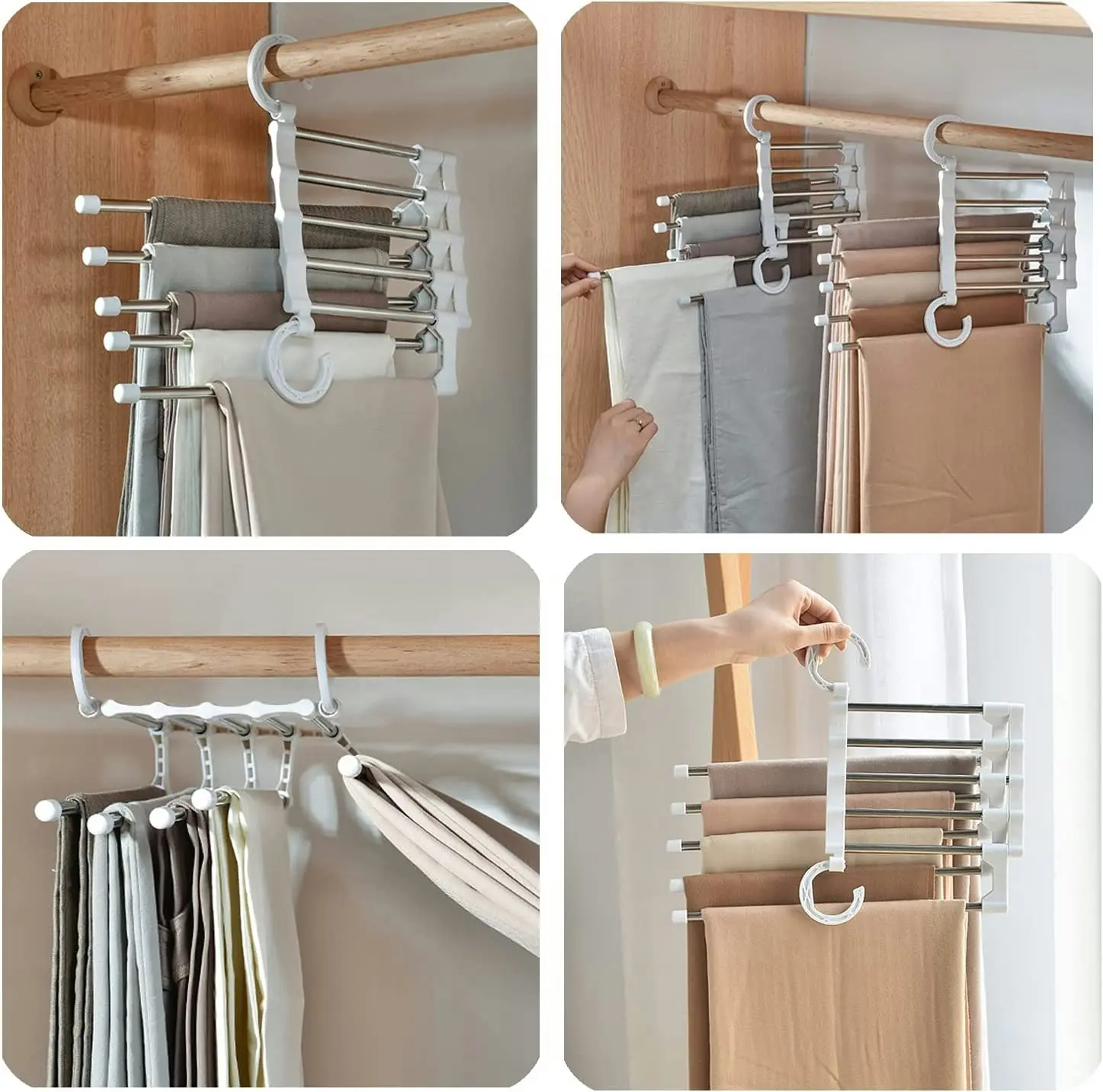 6 Pack Stainless Steel Adjustable 5 in 1 Pants Hangers Non-Slip Space Saving for Home Storage