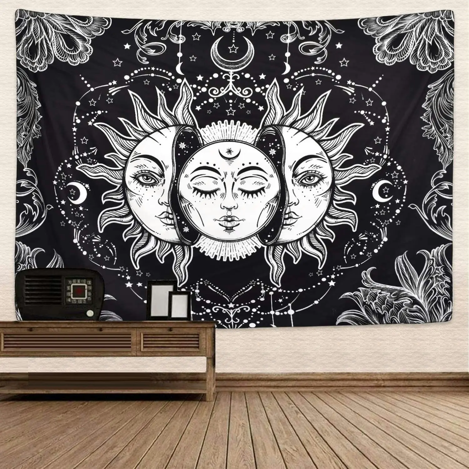 Psychedelic Sun and Moon Tapestry (Black and White)