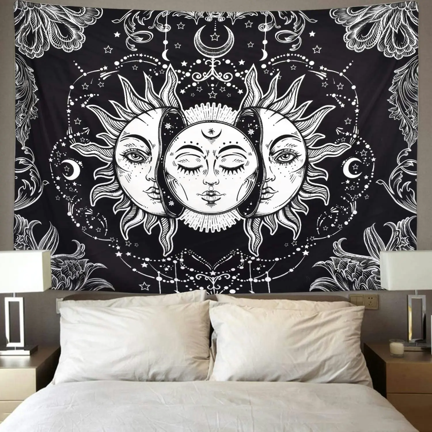 Psychedelic Sun and Moon Tapestry (Black and White)