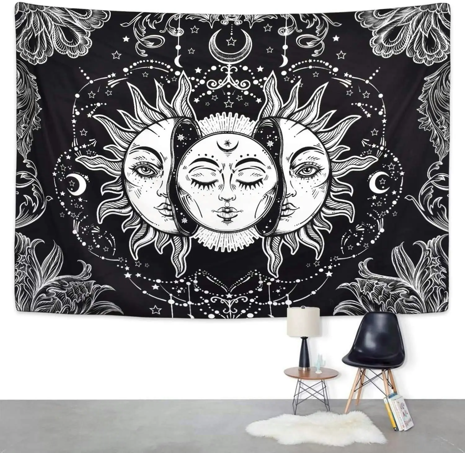 Psychedelic Sun and Moon Tapestry (Black and White)