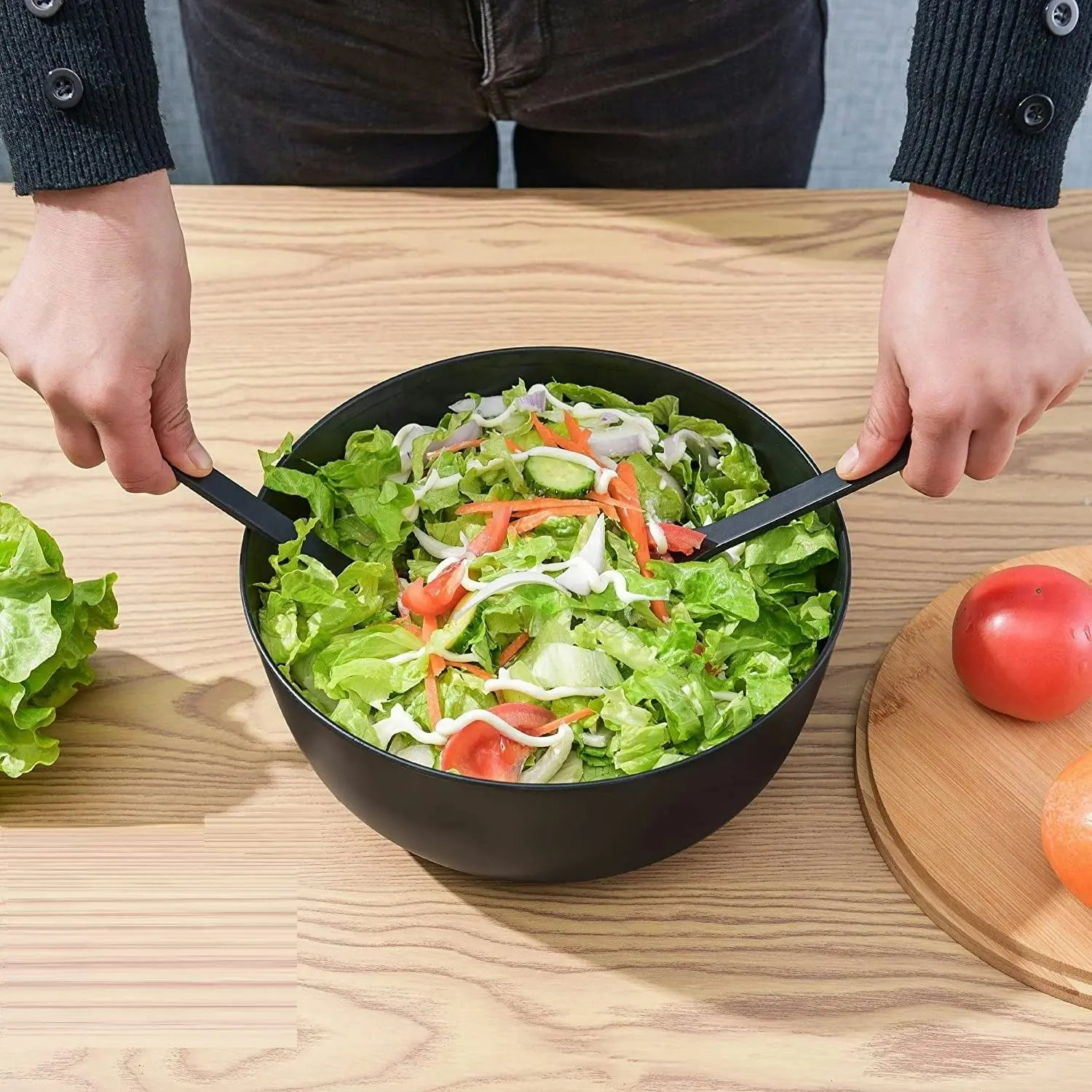 Bamboo Fiber Salad Bowl with Servers Set (Black)