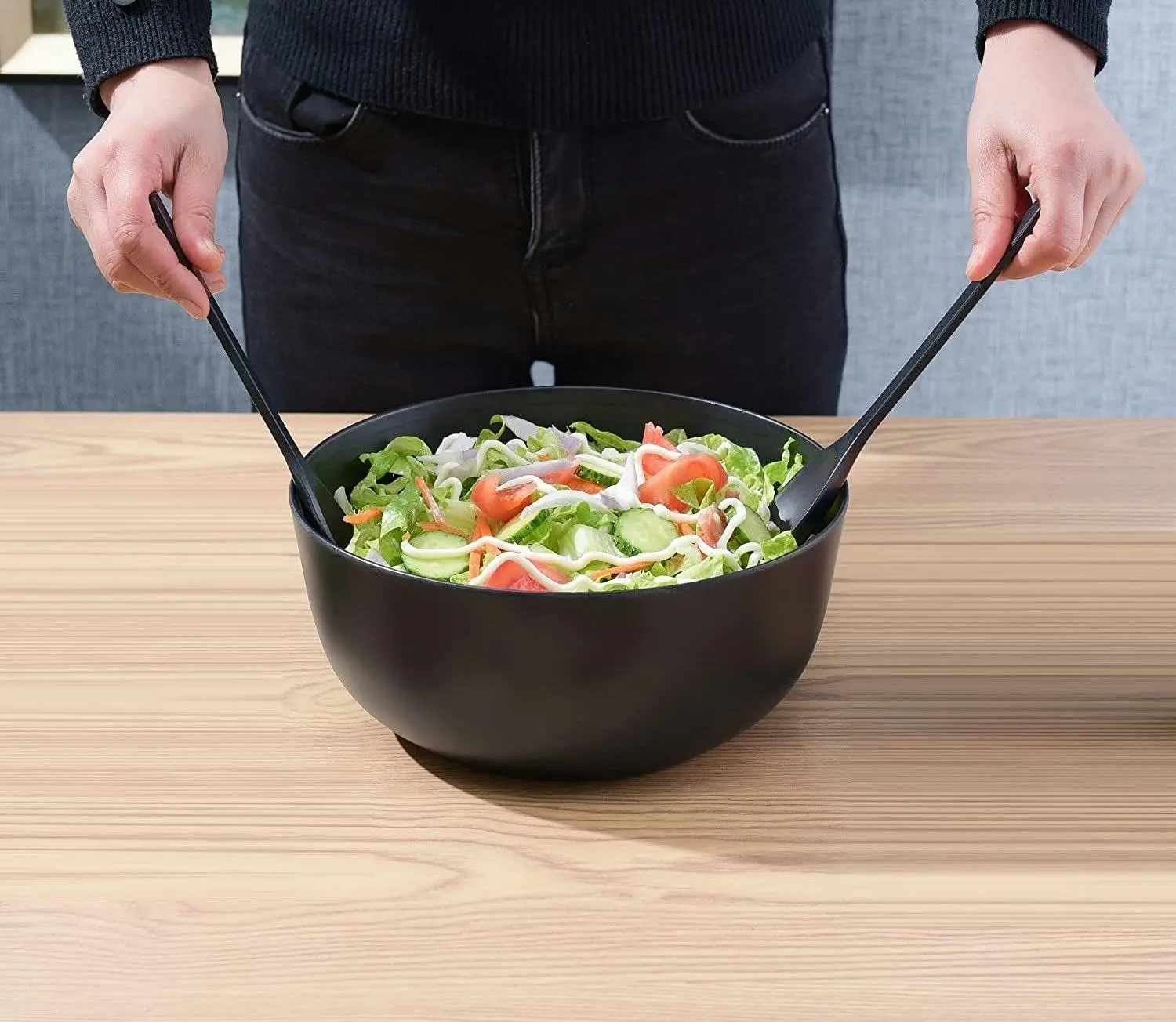 Bamboo Fiber Salad Bowl with Servers Set (Black)