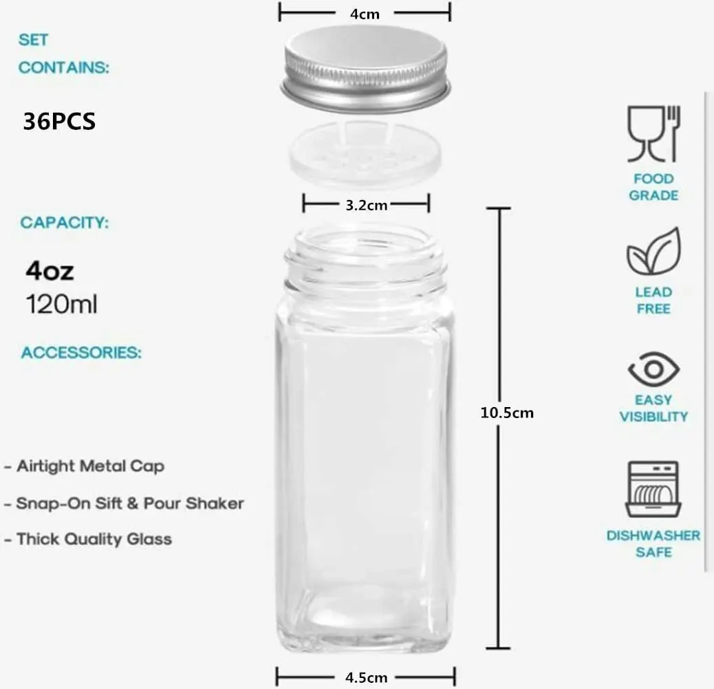 36 Pcs Glass Spice Jars Bottles with Spice Labels (120ml each bottle)