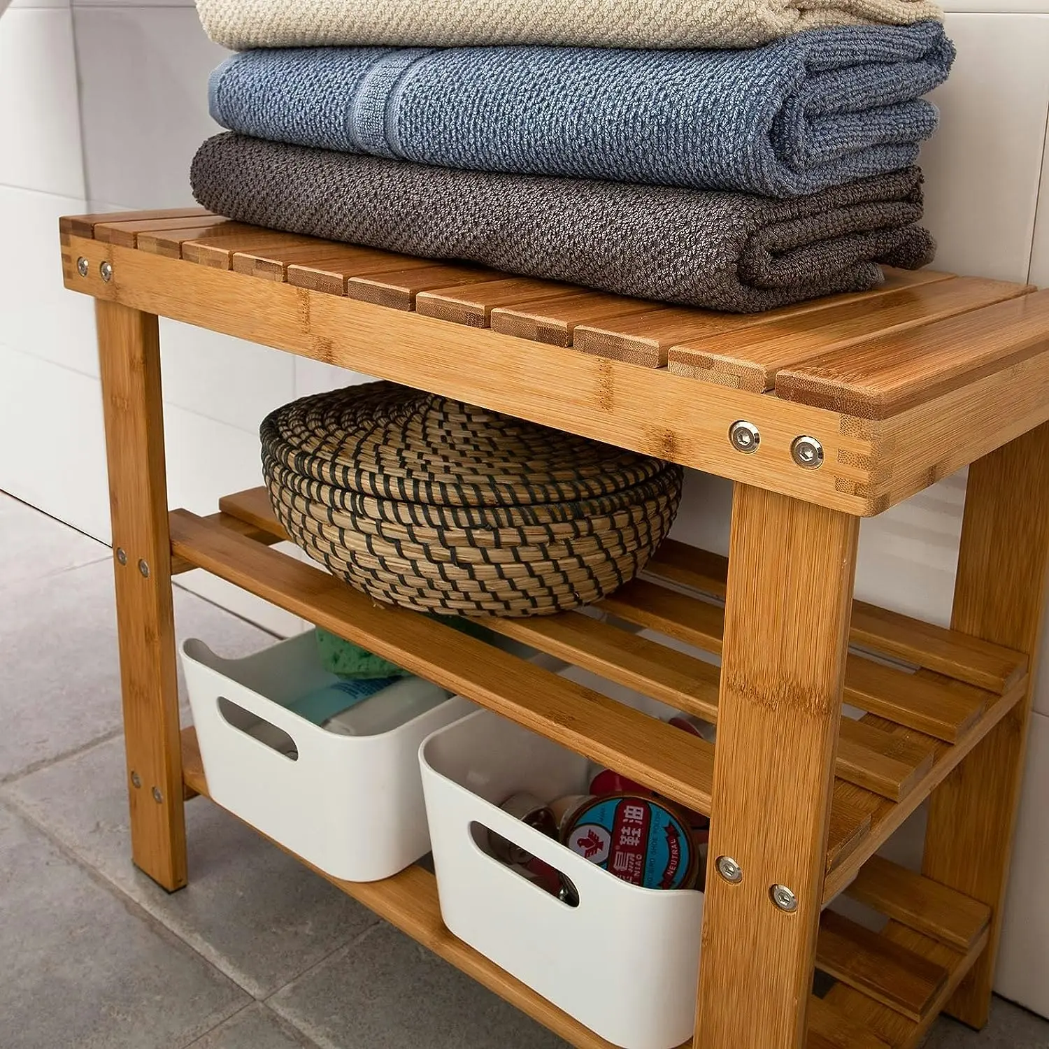 Bamboo Shoe Bench Rack Storage with shelves